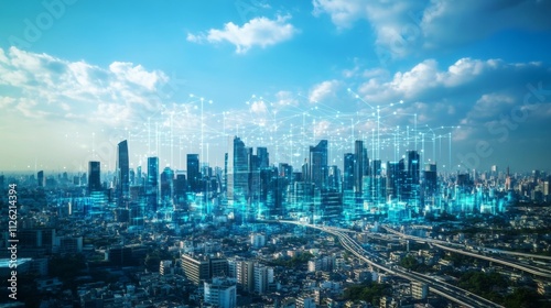 Cityscape Digital Illustration with Densely Populated Skyscrapers, Futuristic Network Pattern, Bird's Eye View