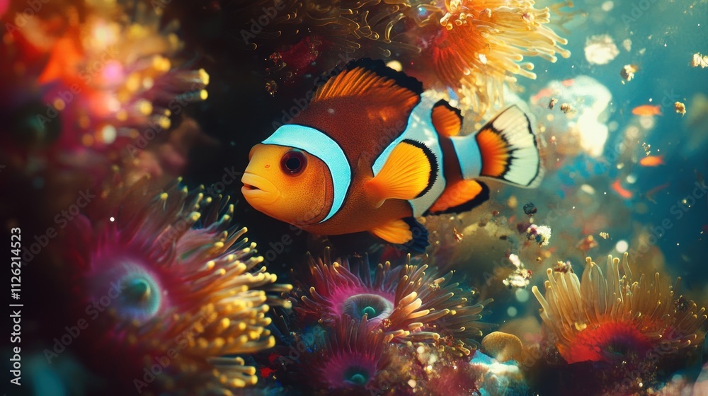 Orange Clownfish Swims Among Vibrant Coral Reef Anemones Orange Clownfish Swims Among Vibrant Coral Reef Anemones
