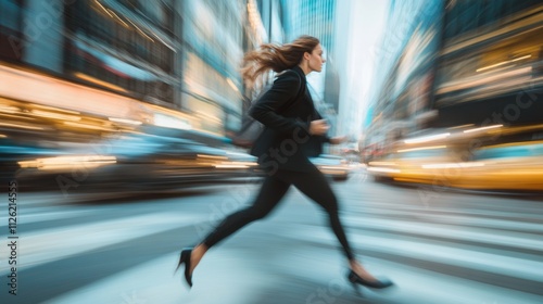 business woman hurry up and running in business city street for rush hour as motion blur