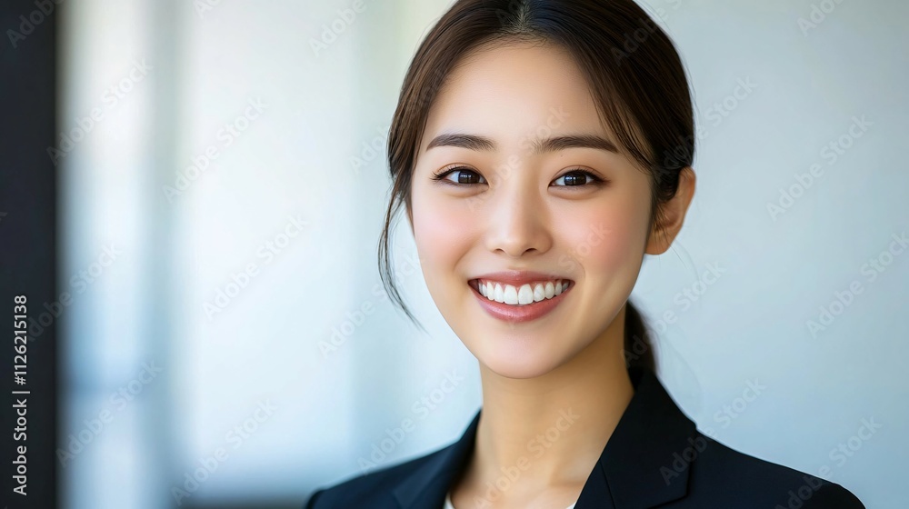 A Young Woman Smiles Confidently In Business Attire A Young Woman Smiles Confidently In Business Attire