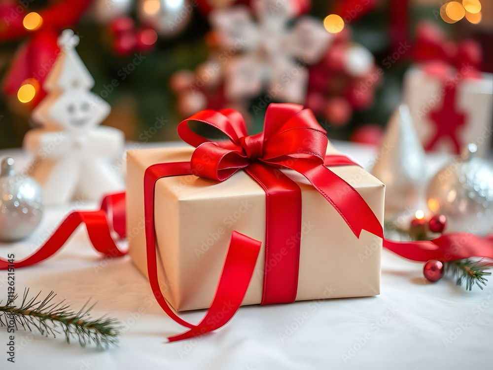 A present wrapped with a red ribbon sits on a table surrounded by festive holiday decorations. A present wrapped with a red ribbon sits on a table surrounded by festive holiday decorations.
