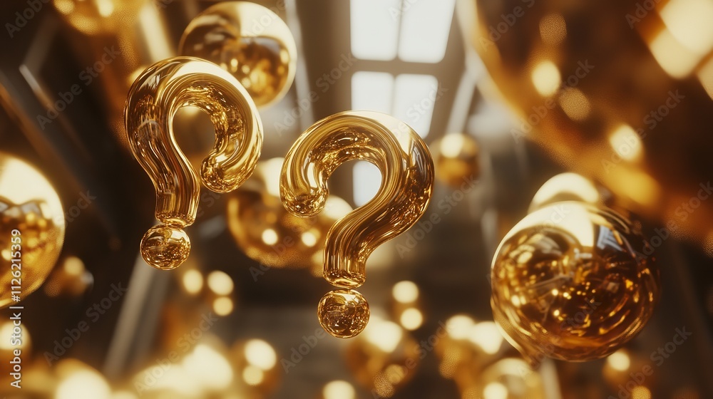 Question Marks Floating Hovering Flying Golden Metallic Symbol
Question Marks Floating Hovering Flying Golden Metallic Symbol
