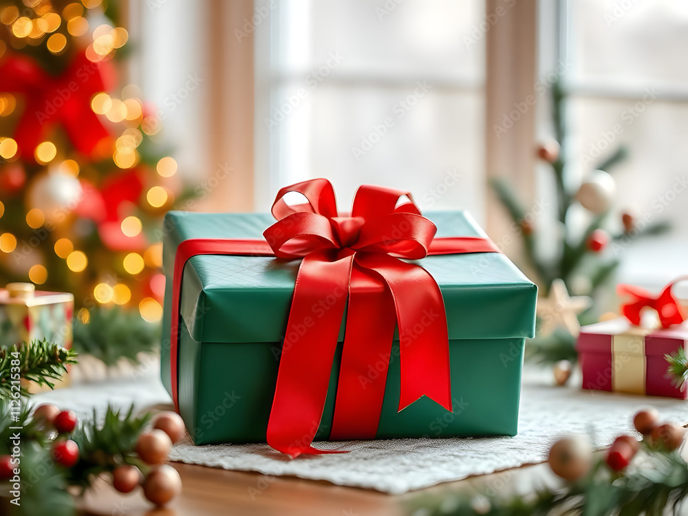 A present wrapped with a red ribbon sits on a table surrounded by festive holiday decorations. A present wrapped with a red ribbon sits on a table surrounded by festive holiday decorations.