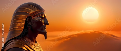 Oilpainting of Khepri the scarabheaded god rolling the sun across the horizon the scene bathed in warm golds oranges and crimson dawn light photo