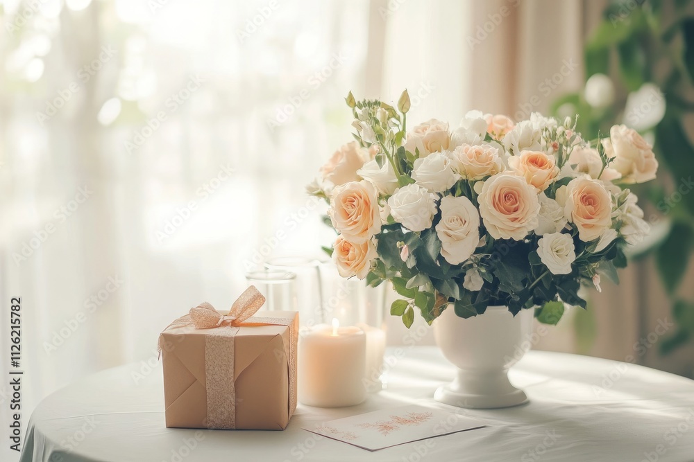 Elegant Mother's Day table setup with flowers, gifts, and greeting cards, no person in the frame, soft lighting, warm tones, stylish home decor.