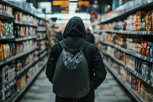 Individual in hooded jacket seen navigating grocery store aisle suspected of theft
