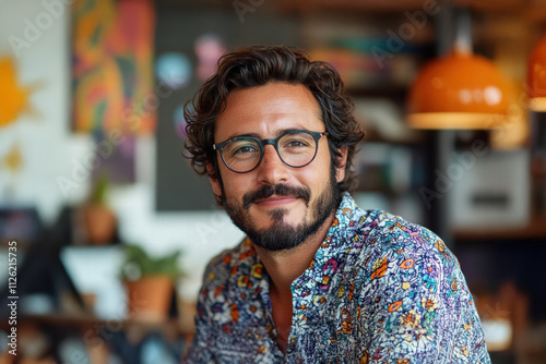 Creative man with curly hair and glasses smiling at the camera while working on a laptop indoors