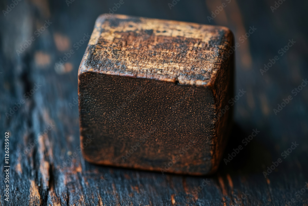 Wooden block with worn surface resting on a dark rustic table in a dimly lit room Wooden block with worn surface resting on a dark rustic table in a dimly lit room