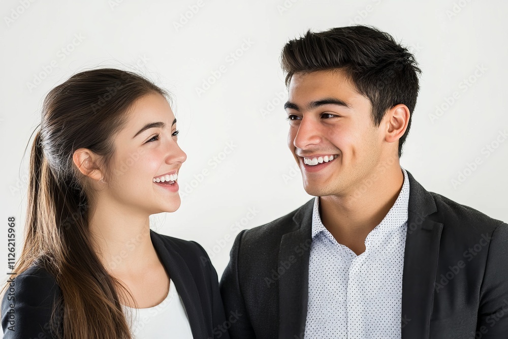 A man and a woman are smiling at the camera A man and a woman are smiling at the camera