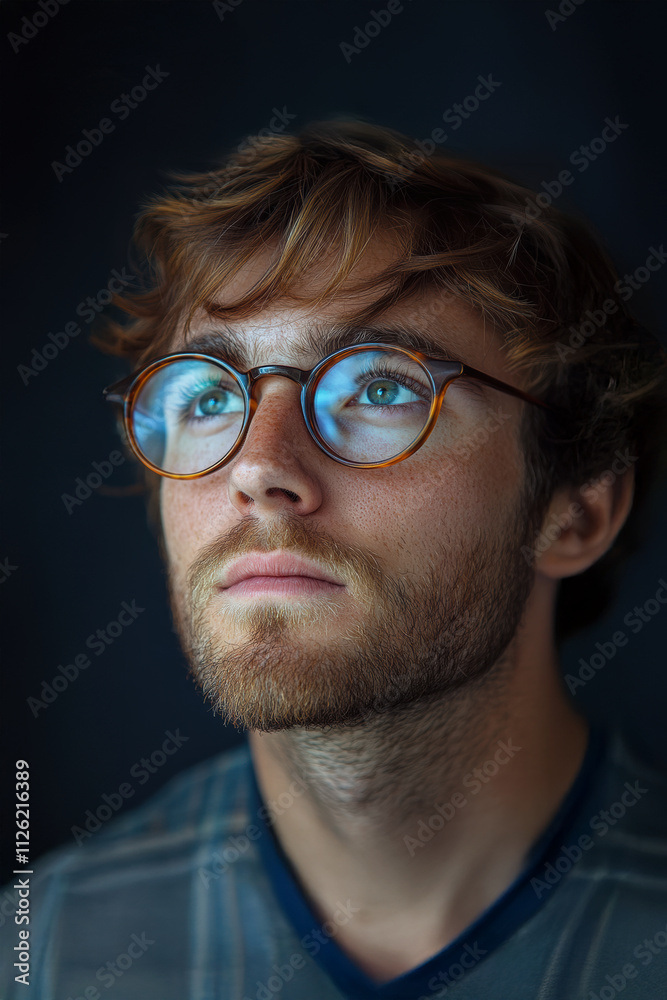 Young man with glasses gazing upwards against dark background in artistic portrait Young man with glasses gazing upwards against dark background in artistic portrait