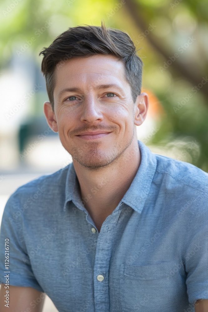 Portrait of a Smiling Man in Casual Blue Shirt Outdoors with Blurred Green Background on a Sunny Day