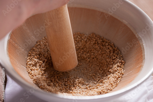 Sesame seeds in a mortar photo