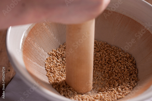 Sesame seeds in a mortar photo