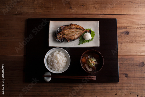 Breakfast of grilled horse mackerel and Kenchin soup photo