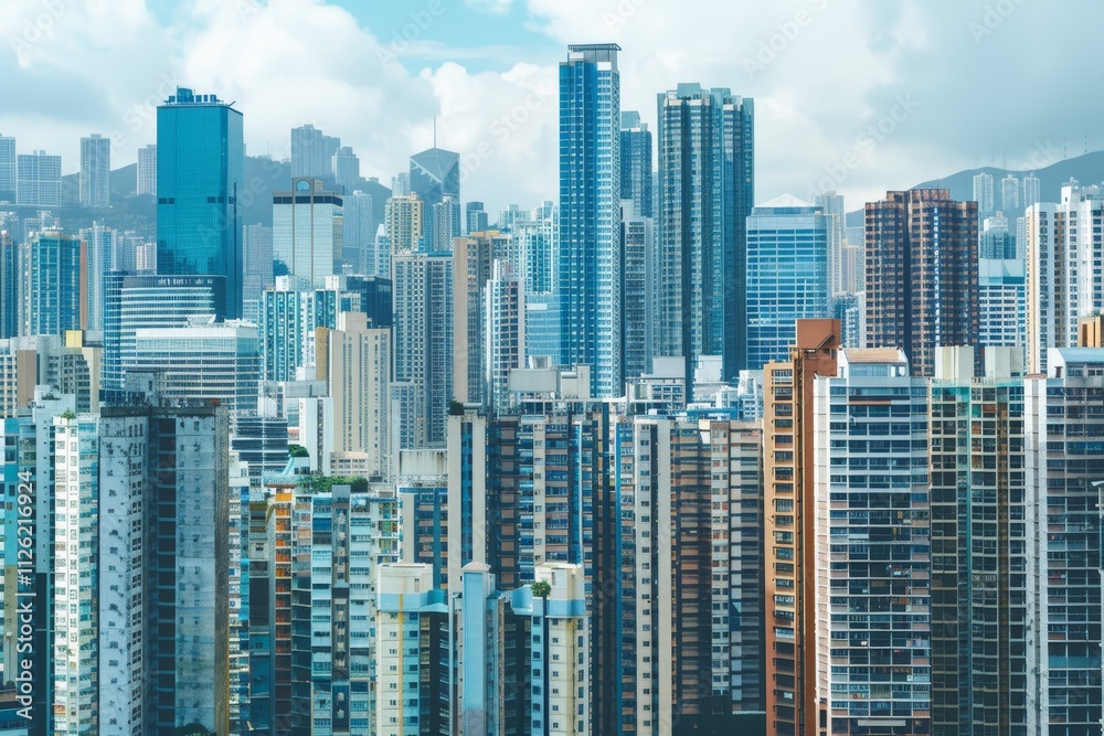 Obraz premium The skyline features a mix of tall, contemporary buildings under blue skies, emphasizing the bustling urban life and vibrant architecture in the city.