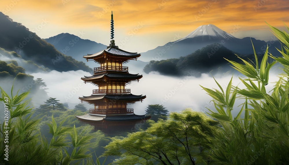 Serene landscape painting showcasing a vibrant japanese pagoda tower amidst misty mountains Serene landscape painting showcasing a vibrant japanese pagoda tower amidst misty mountains