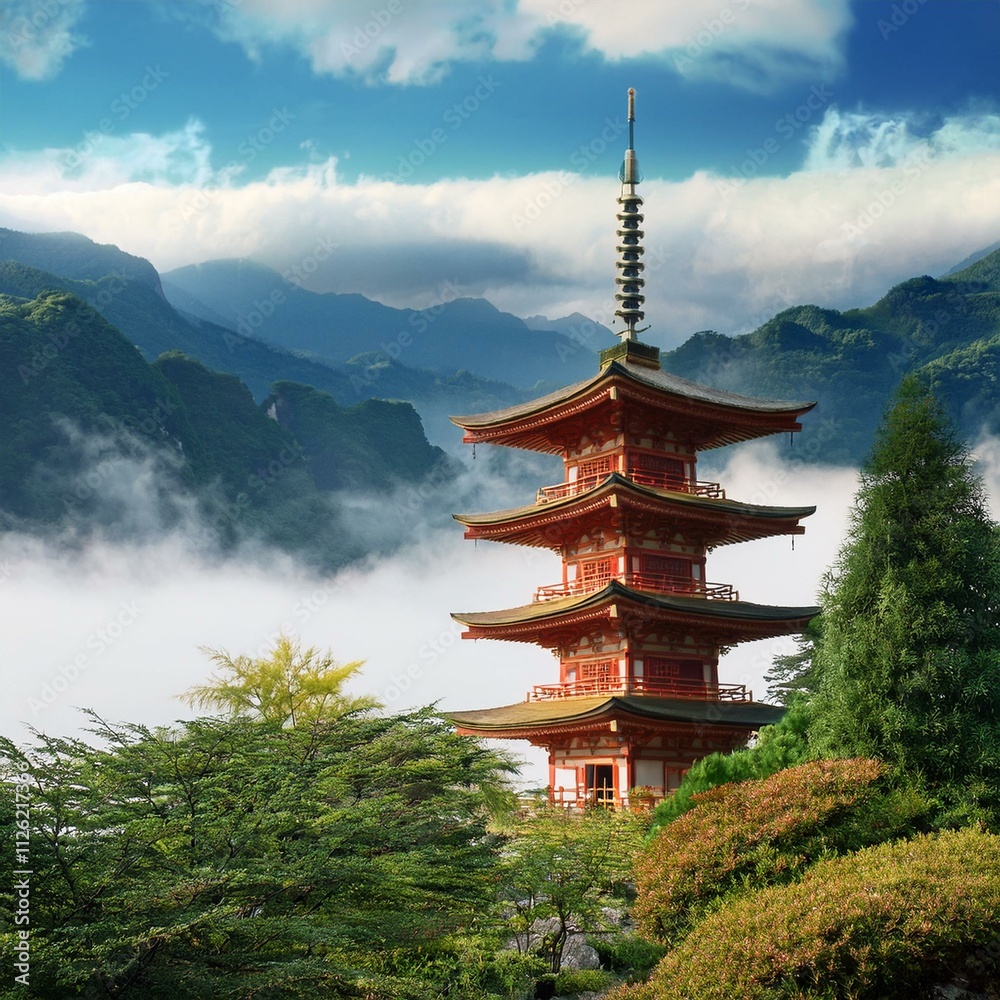 Serene landscape painting showcasing a vibrant japanese pagoda tower amidst misty mountains Serene landscape painting showcasing a vibrant japanese pagoda tower amidst misty mountains