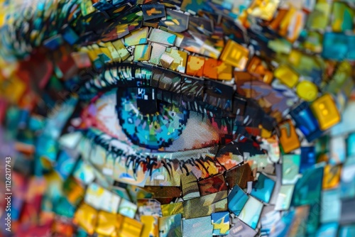 This artwork features a close-up of an eye crafted from an array of colorful mosaic pieces, highlighting intricate details and artistic expression through layers of vibrant materials.