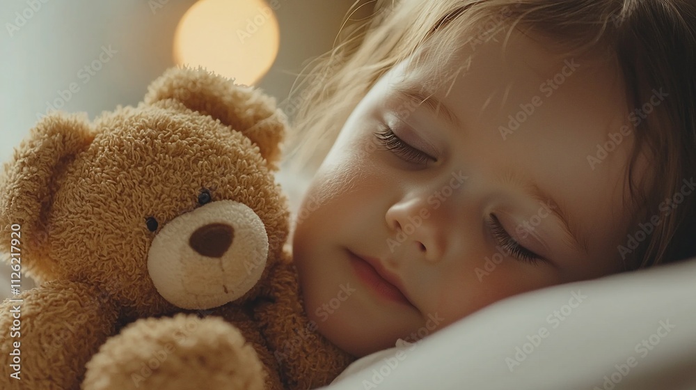 Toddler girl sleeping peacefully with teddy bear. Toddler girl sleeping peacefully with teddy bear.