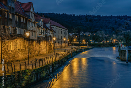 The old town of Hann. Münden on the banks of the Fulda at night, long exposure