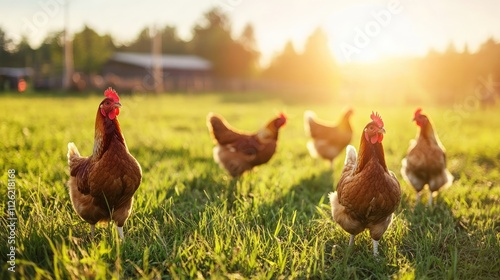 Fototapeta Naklejka Na Ścianę i Meble -  Chickens in a Sunny Meadow