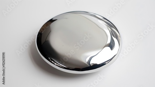 A single, shiny silver discus with a smooth surface, centered on a white background