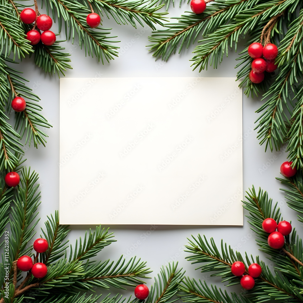 Festive card surrounded by evergreen branches and red berries on a light background. Festive card surrounded by evergreen branches and red berries on a light background.