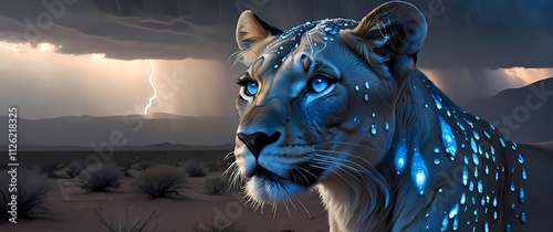 Oilpainting of Tefnut conjuring rainfall over a parched desert her lioness face calm surrounded by swirling clouds of gray misty blue and silver droplets