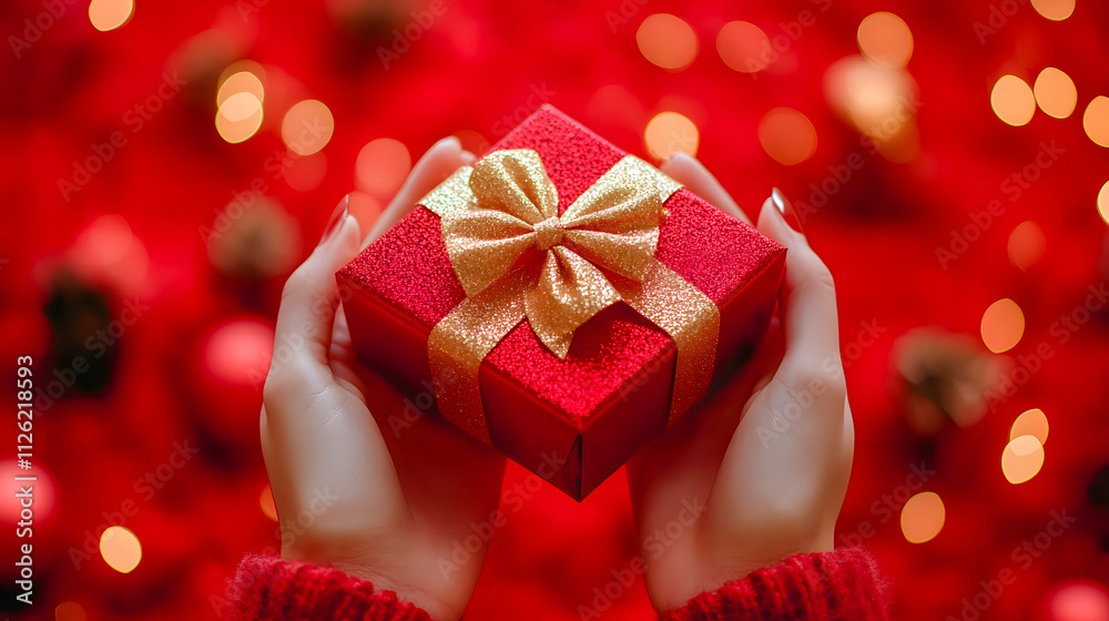 Festive abstract background with young woman's hand holding gift Festive abstract background with young woman's hand holding gift