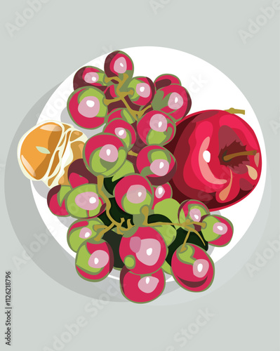 Vector fruits on a plate, tangerine apple and grapes, red and green, fresh, healthy food.