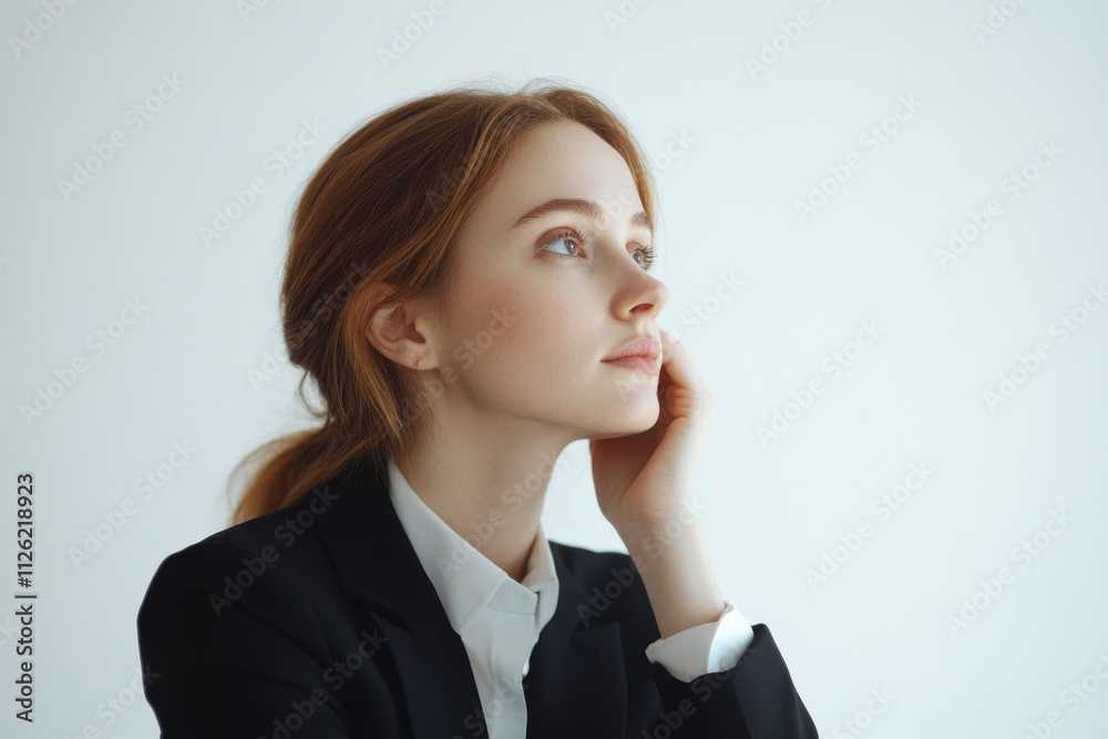 A woman in a business suit is looking to her left A woman in a business suit is looking to her left