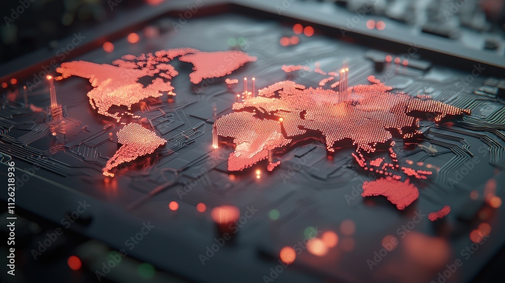 Obraz premium A world map with continents represented as interconnected digital circuits and data nodes, with glowing lines and pulsating energy fields, illustrating the future of global technology and data