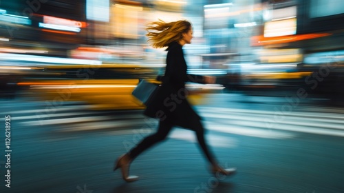 business woman hurry up and running in business city street for rush hour as motion blur