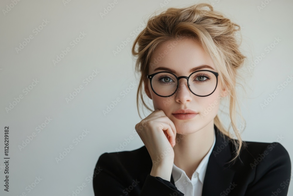 A woman wearing glasses and a black suit is posing for a picture A woman wearing glasses and a black suit is posing for a picture