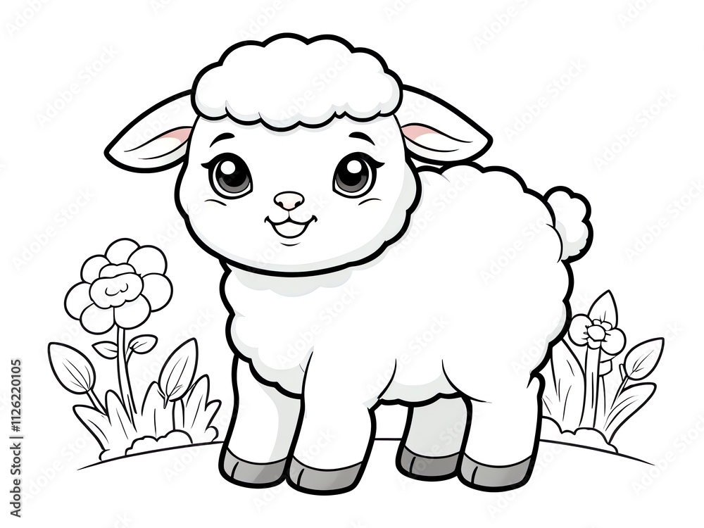 Adorable Cartoon Lamb in a Flowery Meadow Adorable Cartoon Lamb in a Flowery Meadow