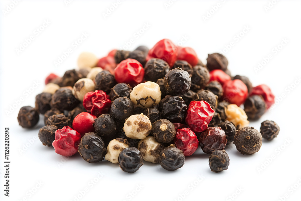 Selective focus black pepper seed isolated on white background, Close up shot pile of mixed spice on white, Colorful pepper for steak. Selective focus black pepper seed isolated on white background, Close up shot pile of mixed spice on white, Colorful pepper for steak.