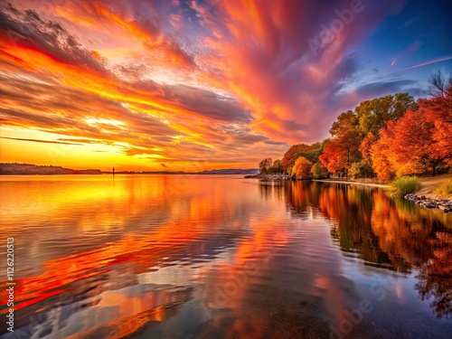 Geneva Wisconsin Autumn Sunset, Long Exposure Lake Photography, Orange Sky, Fall Scenery