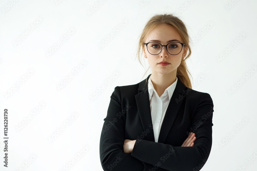 A woman in a business suit is wearing glasses and has her arms crossed A woman in a business suit is wearing glasses and has her arms crossed