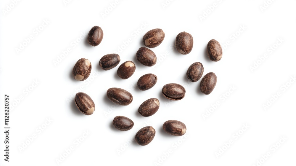 Isolated image of organic jojoba seeds, set on a white background with soft, natural lighting for a clean, professional look.