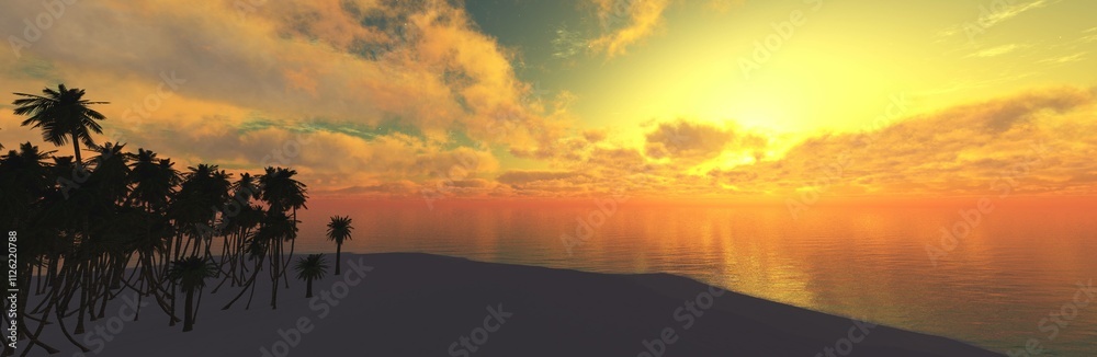 Fototapeta premium Beautiful beach with palm trees at sunset, panorama of a tropical landscape, sea sunset, 3d rendering
