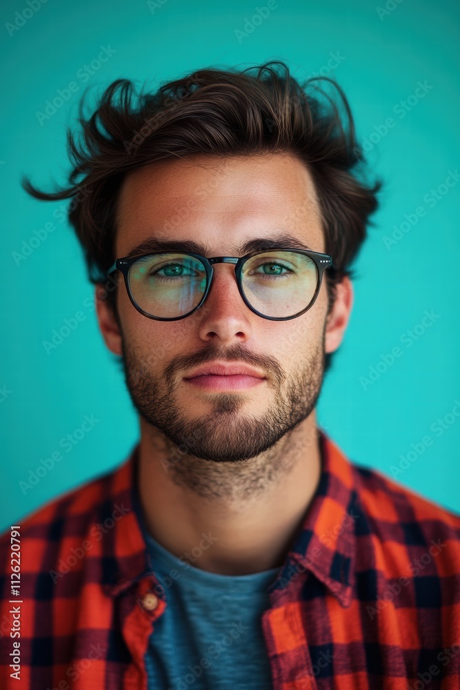 Young man with glasses and stylish hair poses against a vibrant teal background Young man with glasses and stylish hair poses against a vibrant teal background