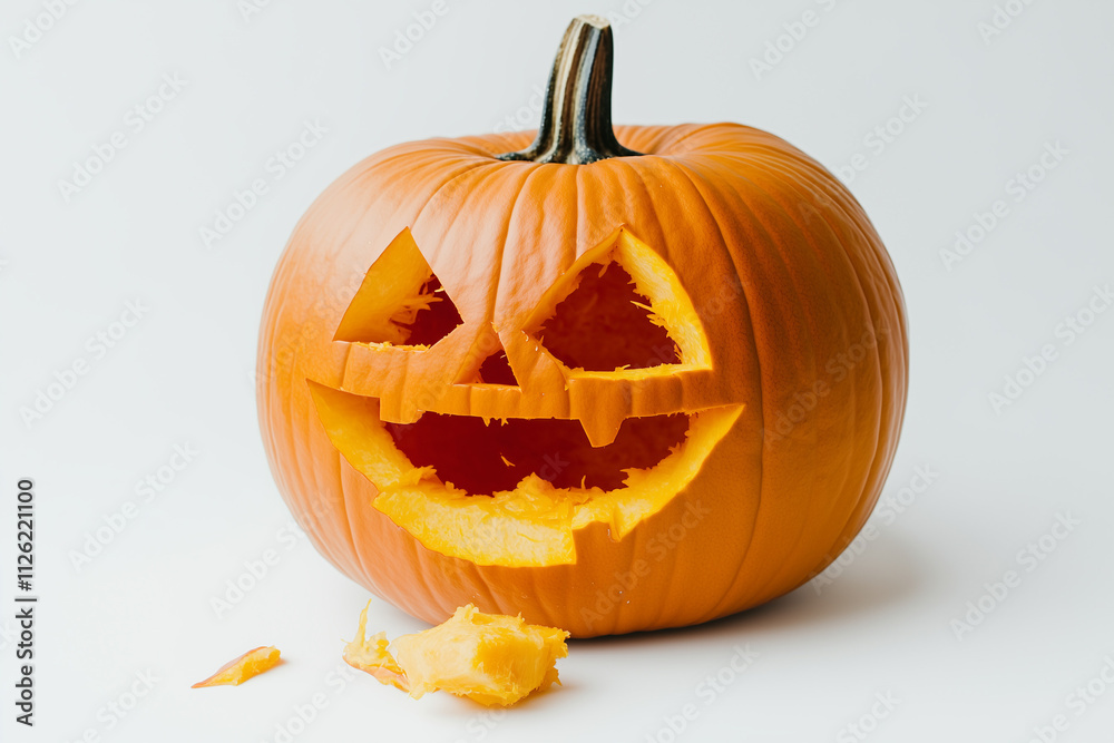 Selective focus creepy jack o lantern in halloween isolated on white background, Close up shot whole carving pumpkin on white.