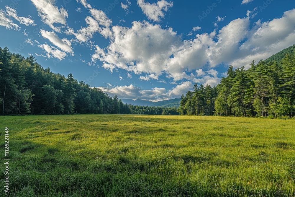 Fototapeta premium Expansive green field under a bright blue sky with scattered clouds and distant mountains