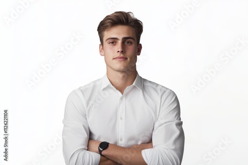 A young man in a white shirt and black watch is posing for a picture