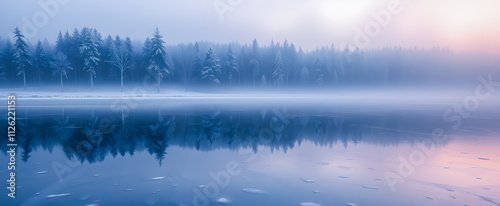 Picturesque winter mountain forest at sunset. Panoramic landscape and snowy trees sunlight beautiful frozen lake river, perfect reflection in water. Seasonal wintertime weather. Amazing nature. Ai gen