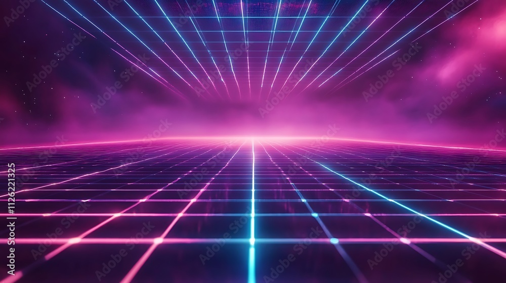 A vibrant, retro-futuristic landscape with neon grid lines and cosmic background. A vibrant, retro-futuristic landscape with neon grid lines and cosmic background.