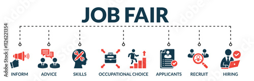 Banner of job fair web vector illustration concept with icons of inform, advice, skills, occupational choice, applicants, recruit, hiring