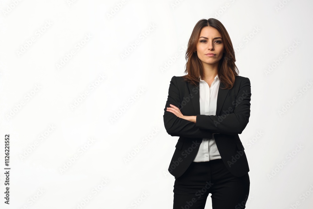 A woman in a business suit is standing in front of a white background A woman in a business suit is standing in front of a white background