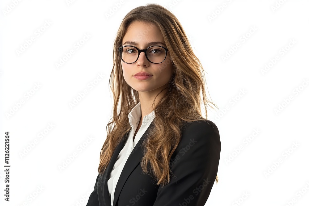 A woman in a business suit and glasses is posing for a photo A woman in a business suit and glasses is posing for a photo