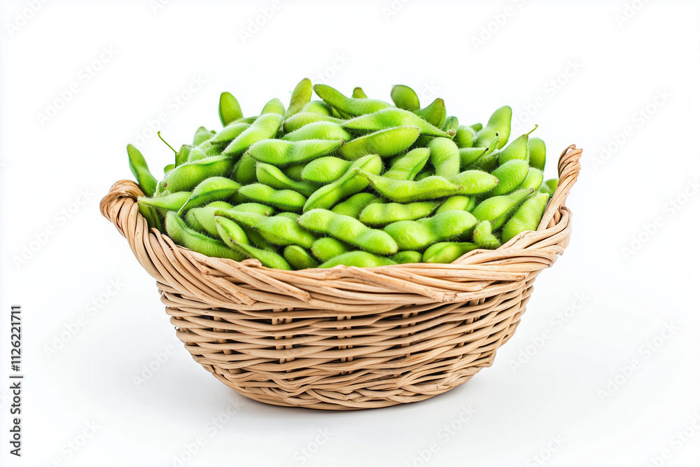 Selective focus basket of green edamame isolated on white background, Close up shot green soy bean in basket on white. Selective focus basket of green edamame isolated on white background, Close up shot green soy bean in basket on white.
